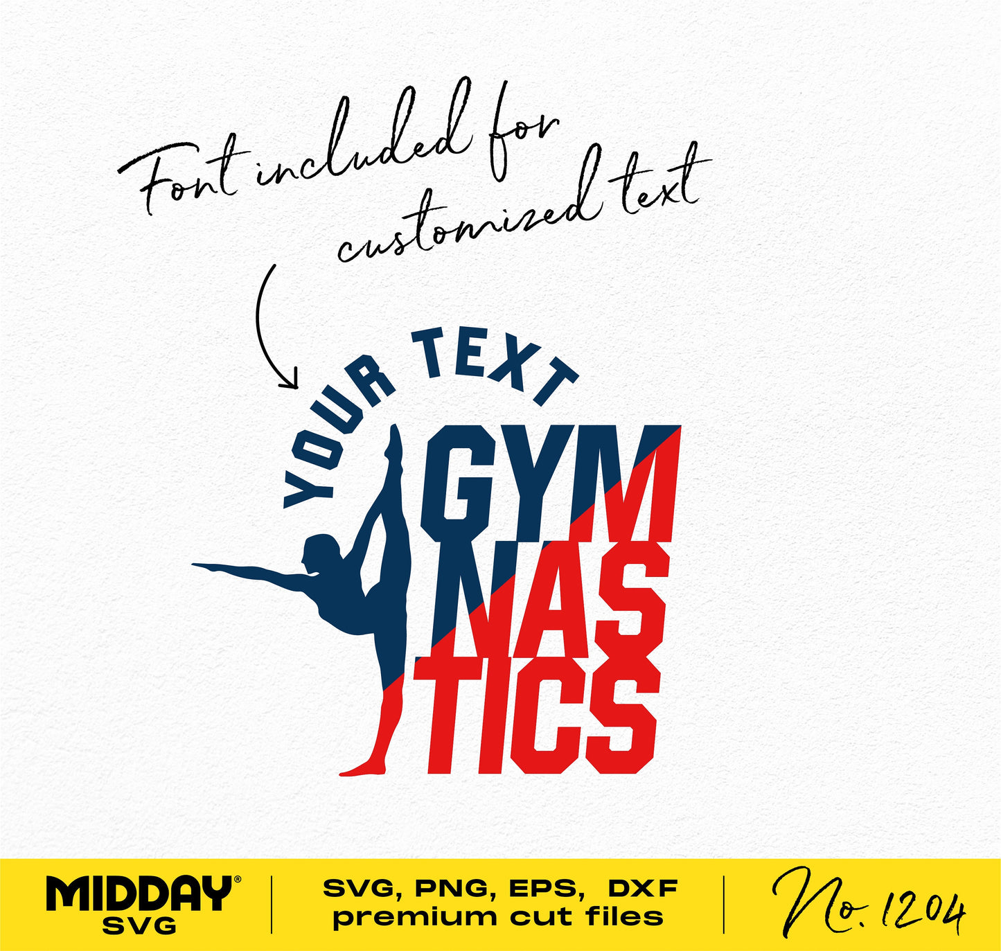 Gymnastics SVG design with customizable text and silhouette, compatible with Cricut and Silhouette, font included, premium cut files.