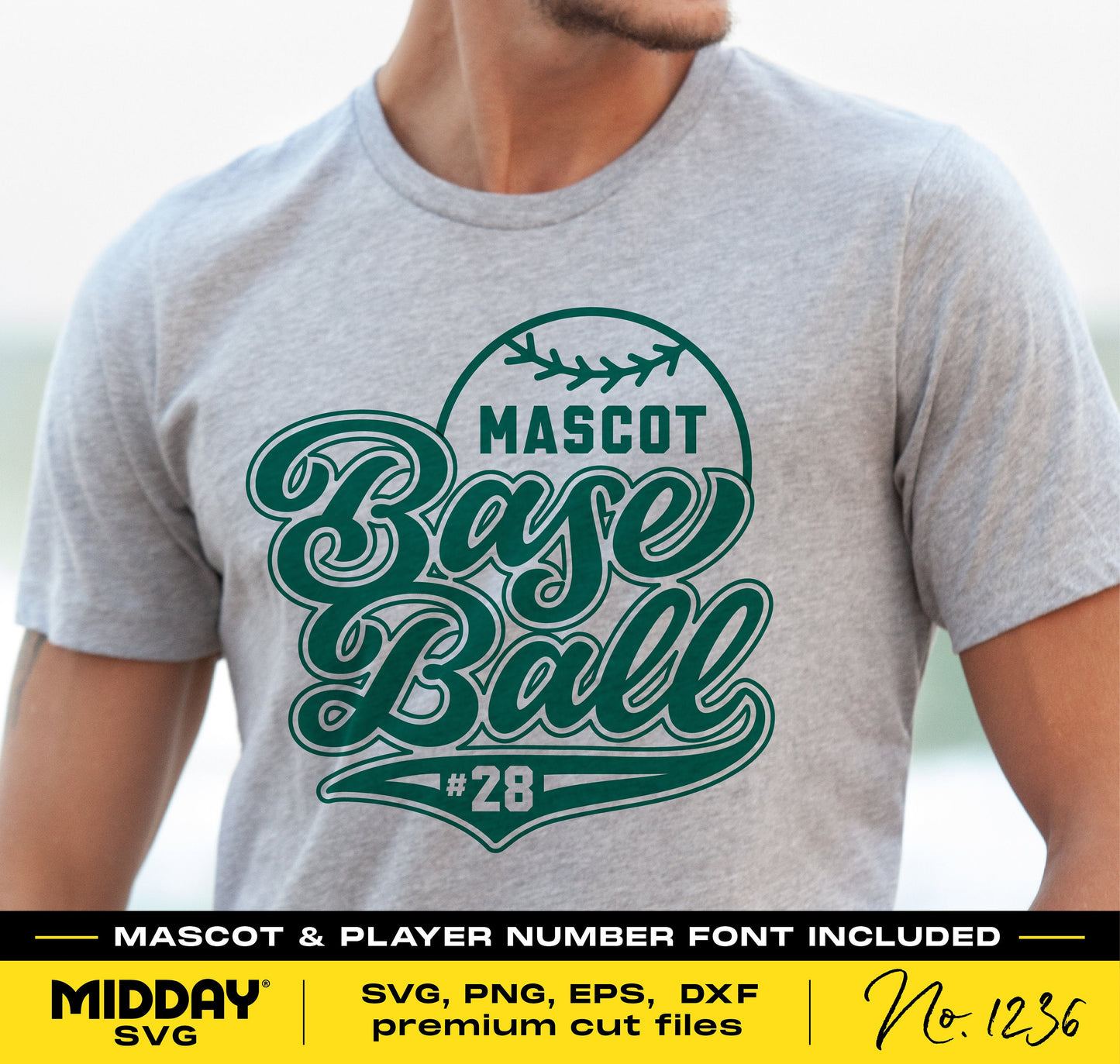 Baseball team shirt design with SVG, PNG, EPS, DXF files including mascot and player number font.