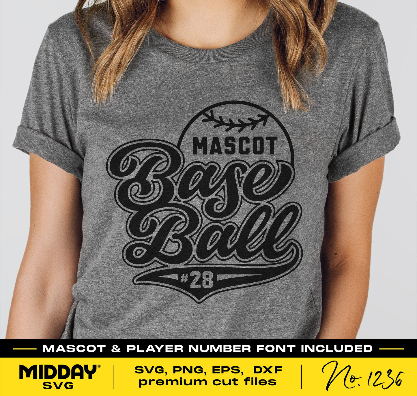 Gray t-shirt featuring customizable baseball team SVG design, mascot and player number font included, suitable for Cricut projects.