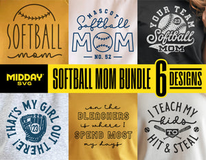Softball Mom Bundle with 6 design options for shirts and tumblers, featuring playful text and softball graphics for DIY crafting.
