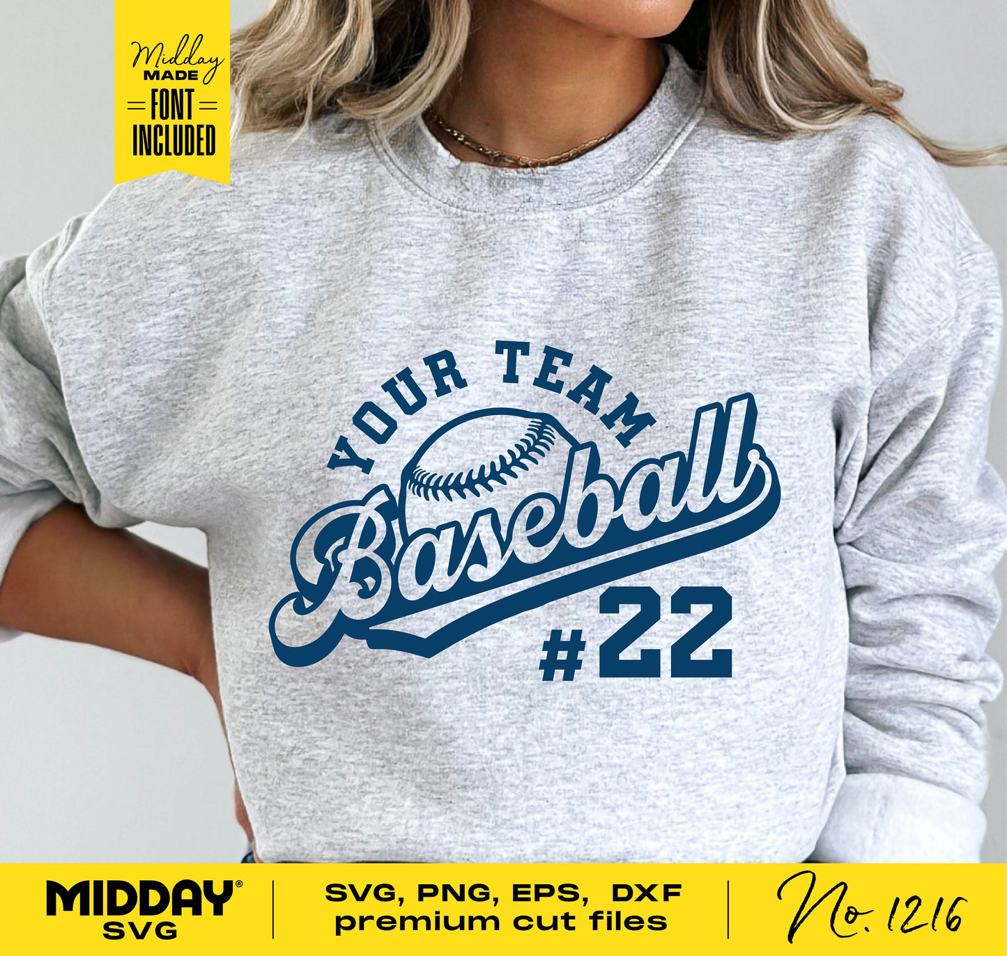 Woman wearing a gray shirt with custom baseball design and number 22, available in SVG, PNG, EPS, and DXF formats for Cricut and Silhouette.