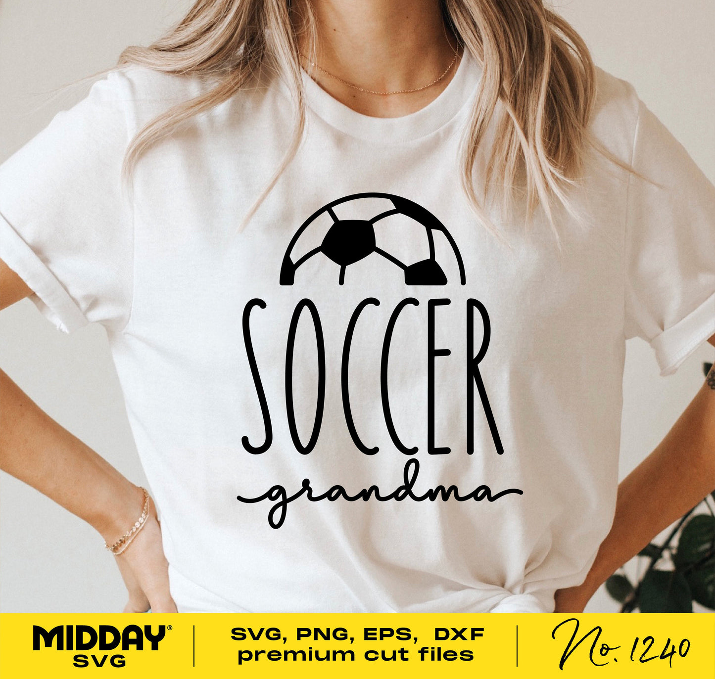 "Soccer Grandma" SVG design on a white t-shirt, perfect for crafting with Cricut and Silhouette, includes soccer ball graphic.