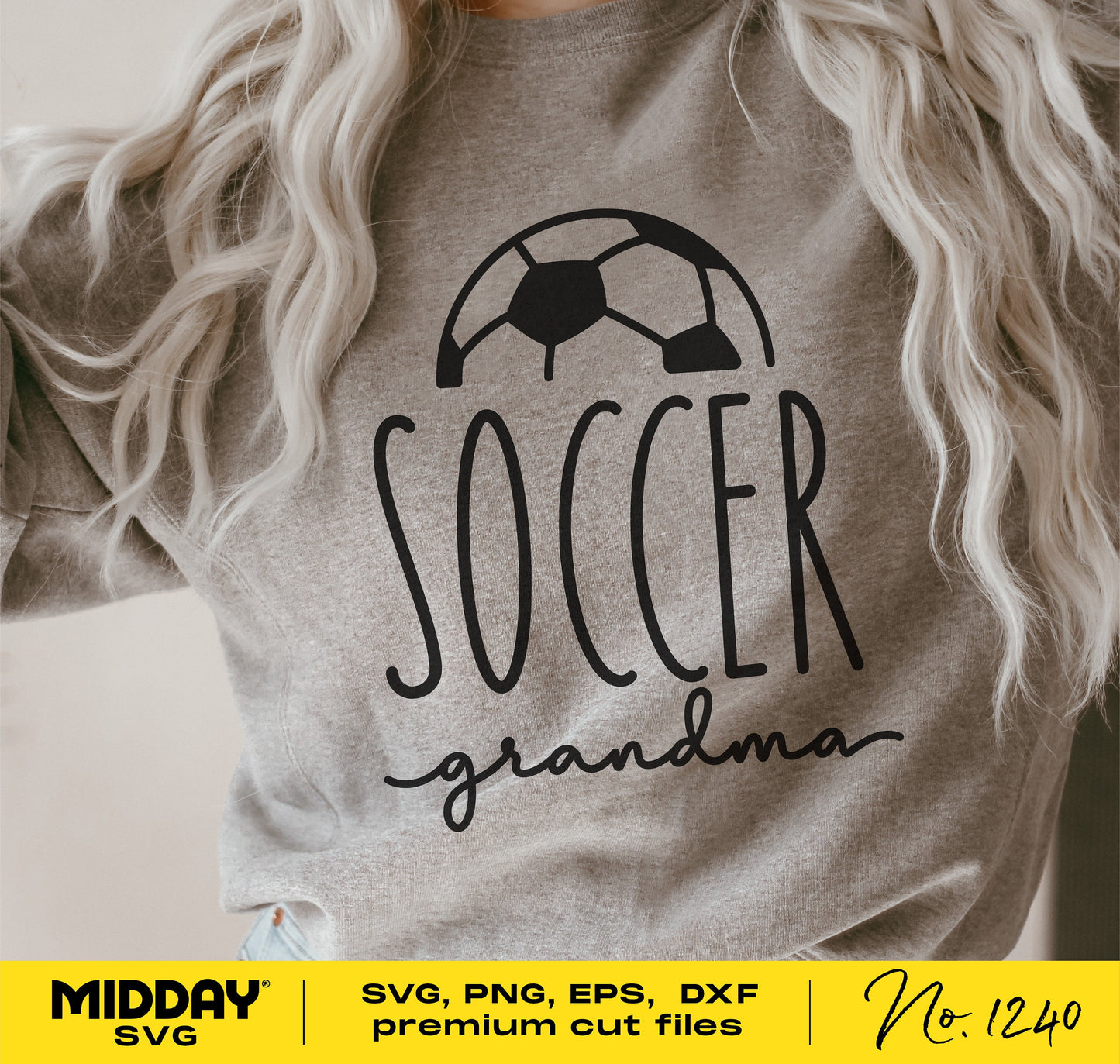 Soccer Grandma SVG design on a grey sweatshirt, ideal for Cricut and Silhouette projects, featuring a soccer ball graphic.