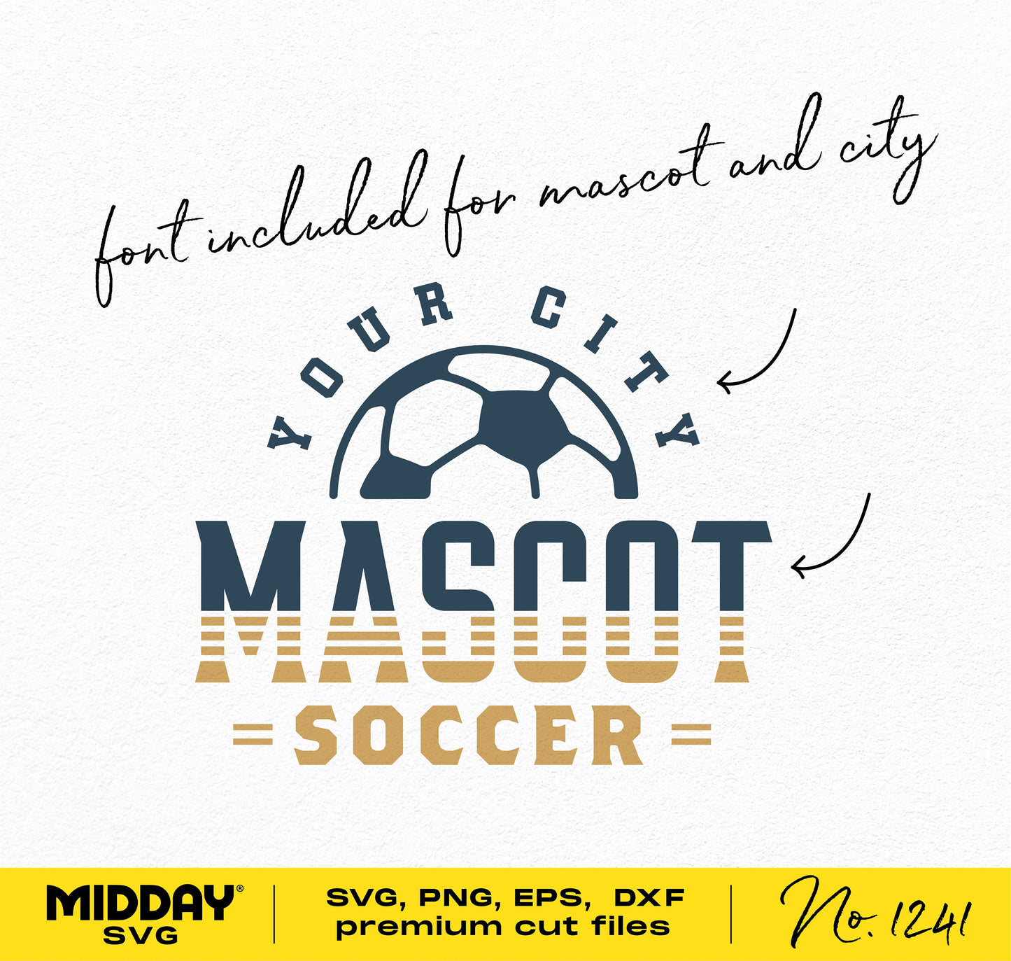 Soccer team logo template with customizable text and soccer ball graphic, includes SVG, PNG, EPS, DXF formats.