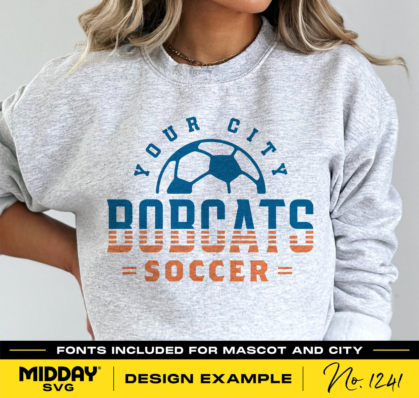 Gray sweatshirt with soccer team logo design featuring the words 'Your City Bobcats Soccer' in blue and orange text.