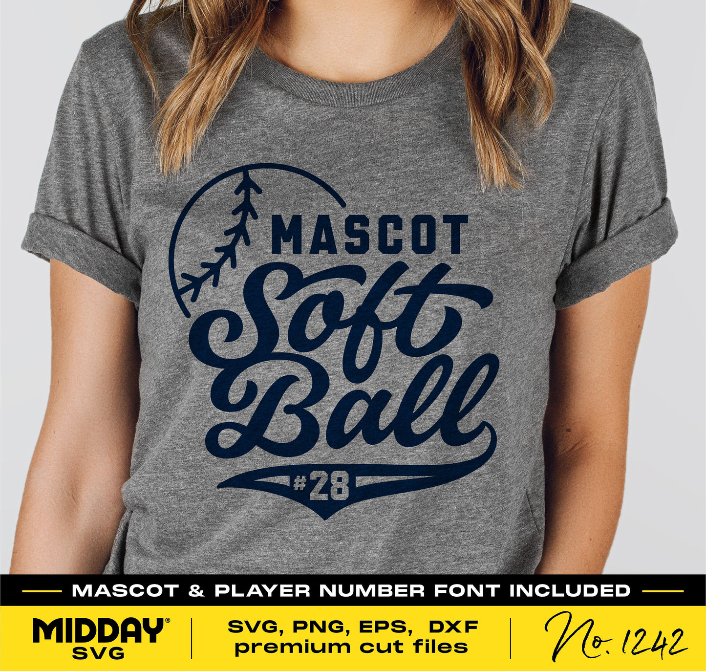 Person wearing a gray shirt with 'Mascot Softball #28' design, part of a DIY SVG cut file for Cricut and sublimation projects.