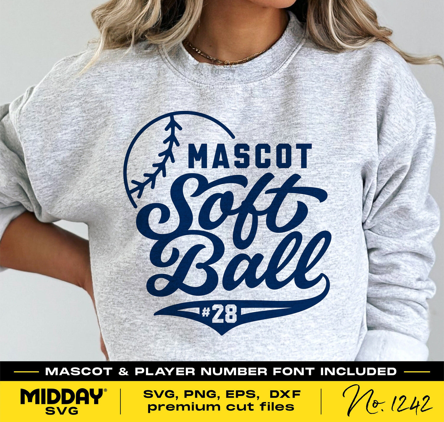 Softball team shirt with customizable mascot and player number design for Cricut, shown on gray sweatshirt.