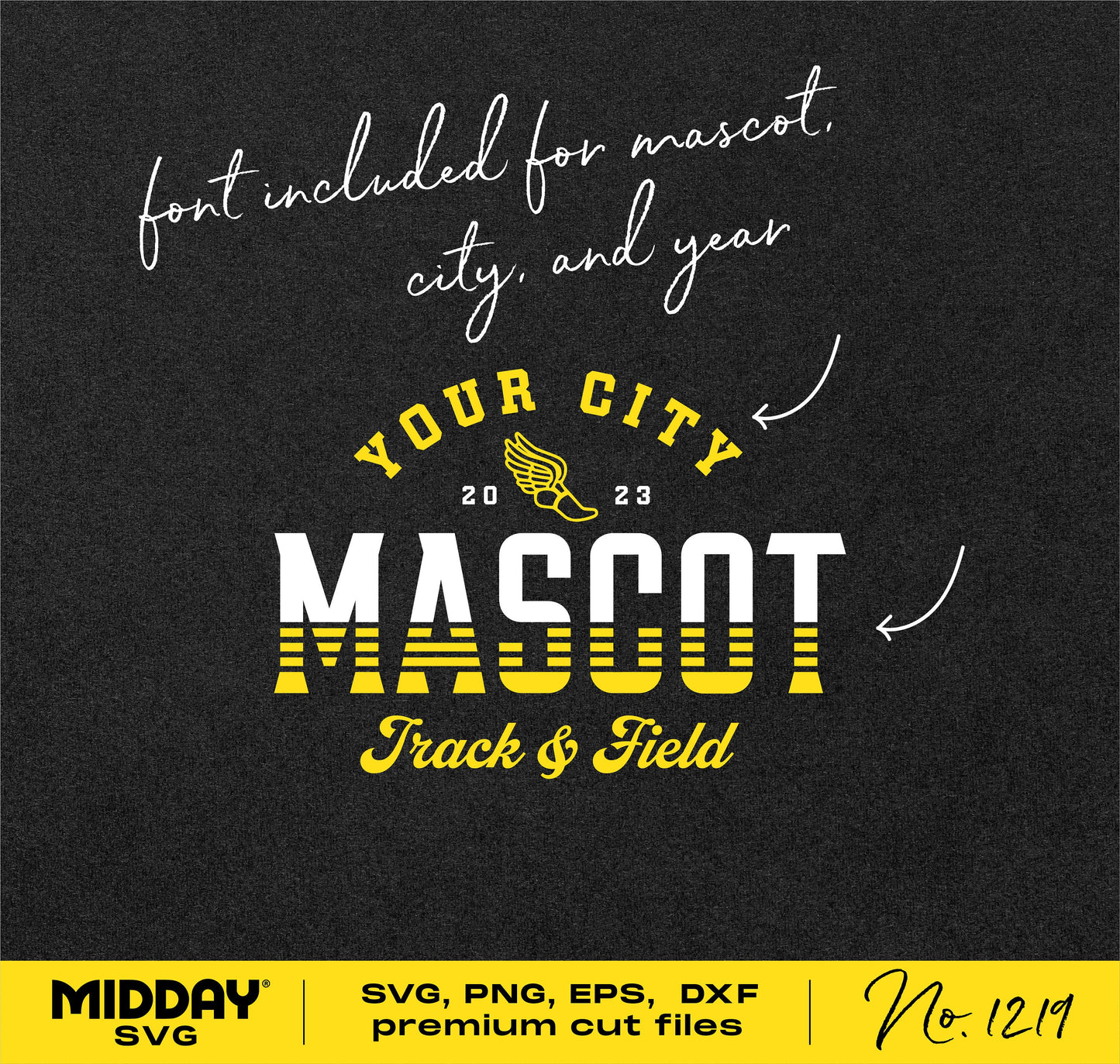 Customizable track and field graphic template with mascot, city, and year text options in SVG, PNG, EPS, and DXF formats.