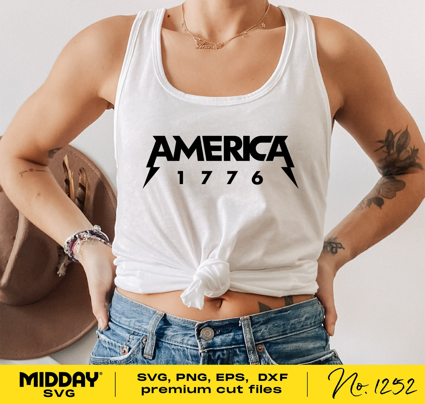 Woman wearing a white tank top with "America 1776" design, featuring patriotic SVG for 4th of July and Memorial Day crafts.