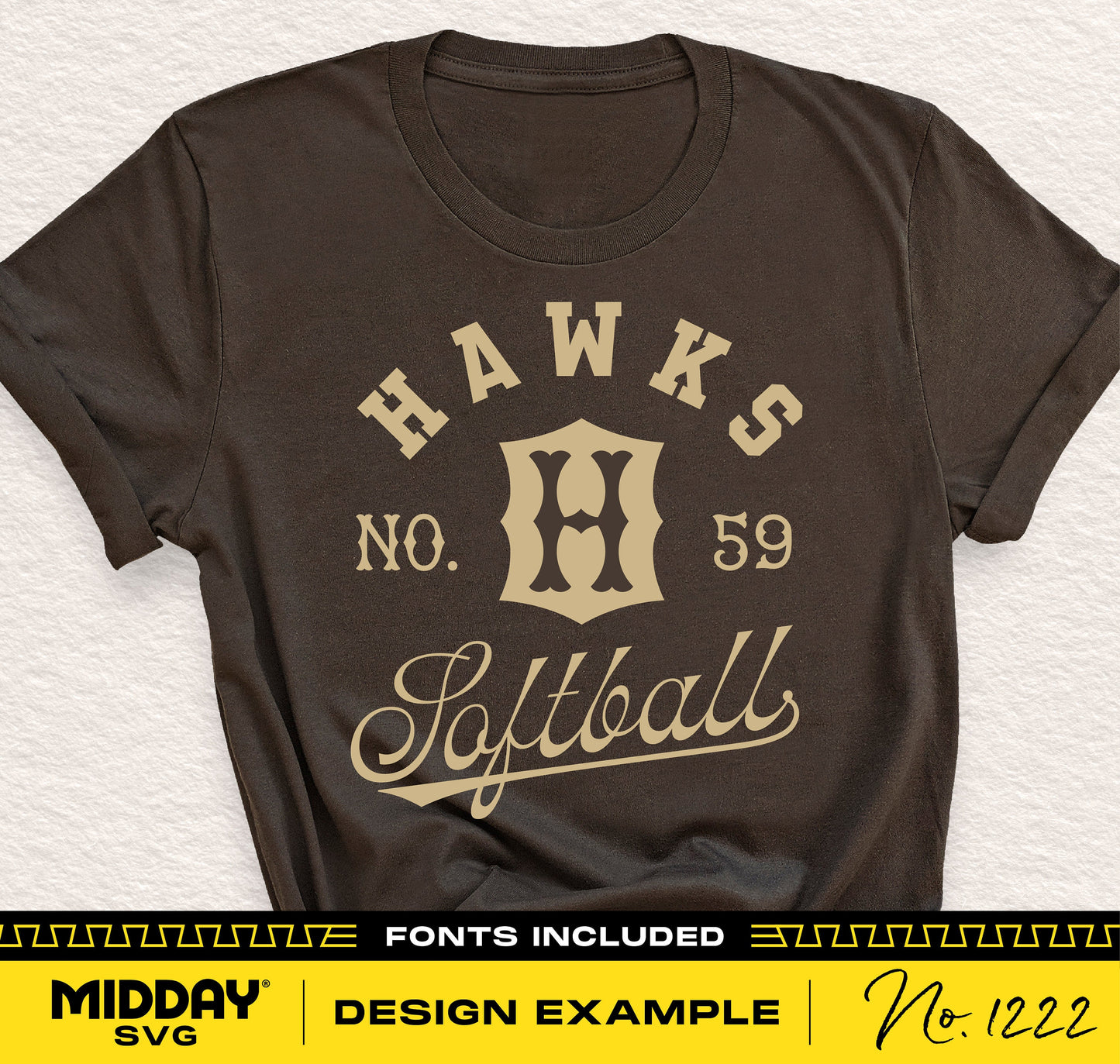 Brown t-shirt with 'Hawks Softball No. 59' design, showcasing team template SVG with customizable font for Cricut and sublimation use.