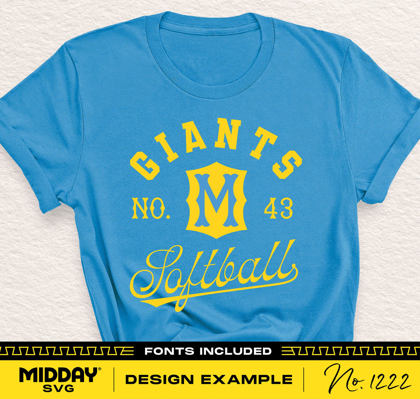 Blue T-shirt with "Giants No. 43 Softball" yellow text design, including font for DIY customization, suitable for Cricut and sublimation projects.