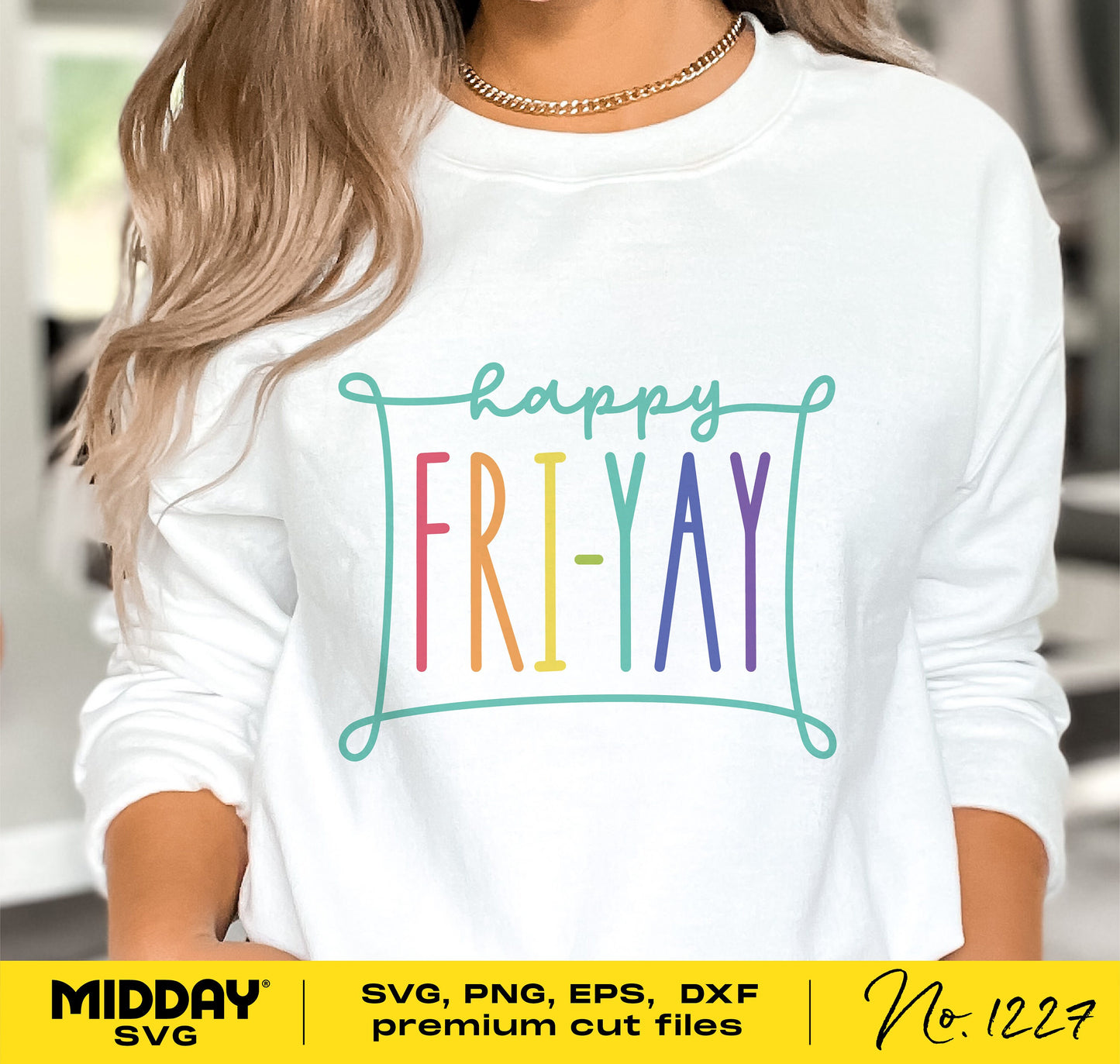 Happy Friyay SVG design on a white shirt, perfect for teachers and moms. Includes SVG, PNG, EPS, and DXF formats for crafting.