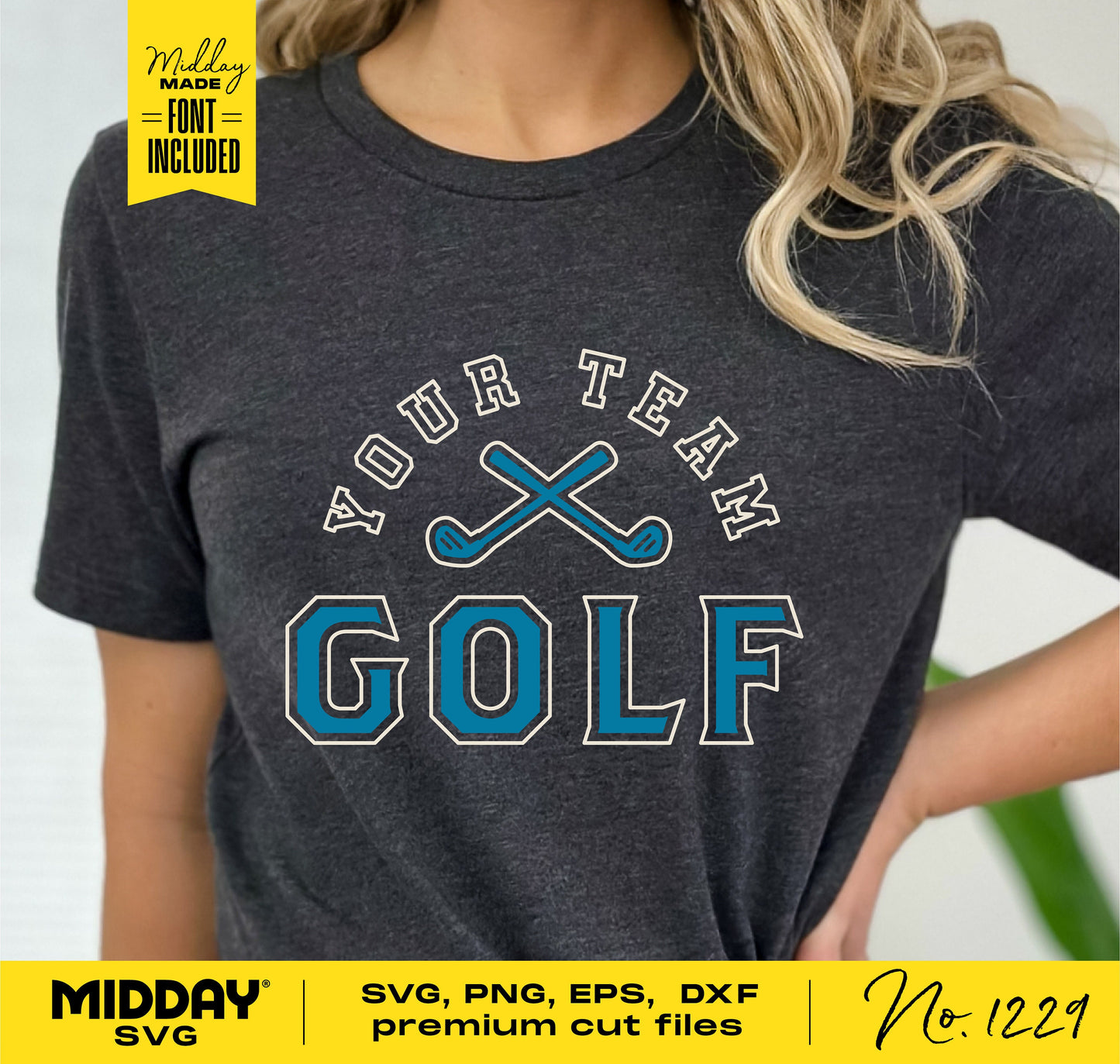 Person wearing a 'Your Team Golf' shirt designed for Cricut and sublimation with included font for design customization.