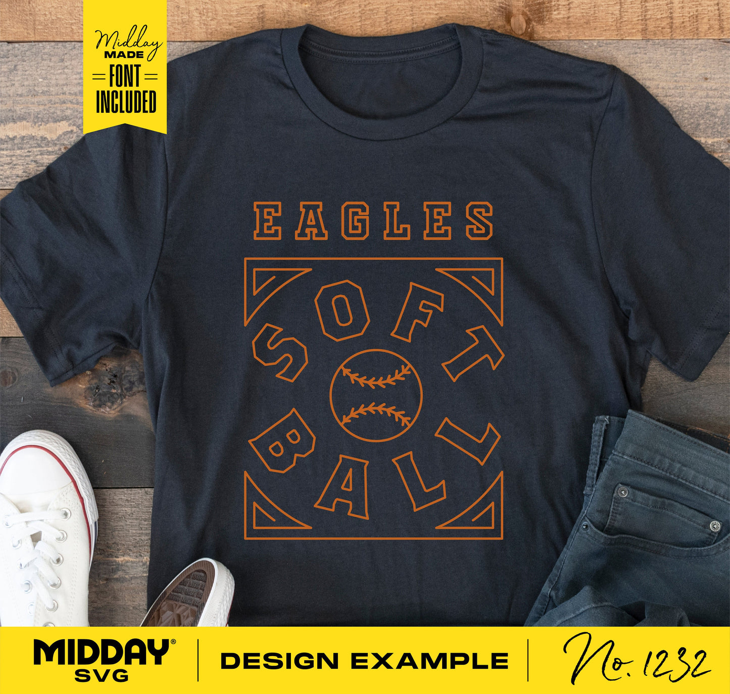 Eagles softball shirt design with orange text and detailed ball graphic on black fabric, perfect for team apparel and Cricut projects.
