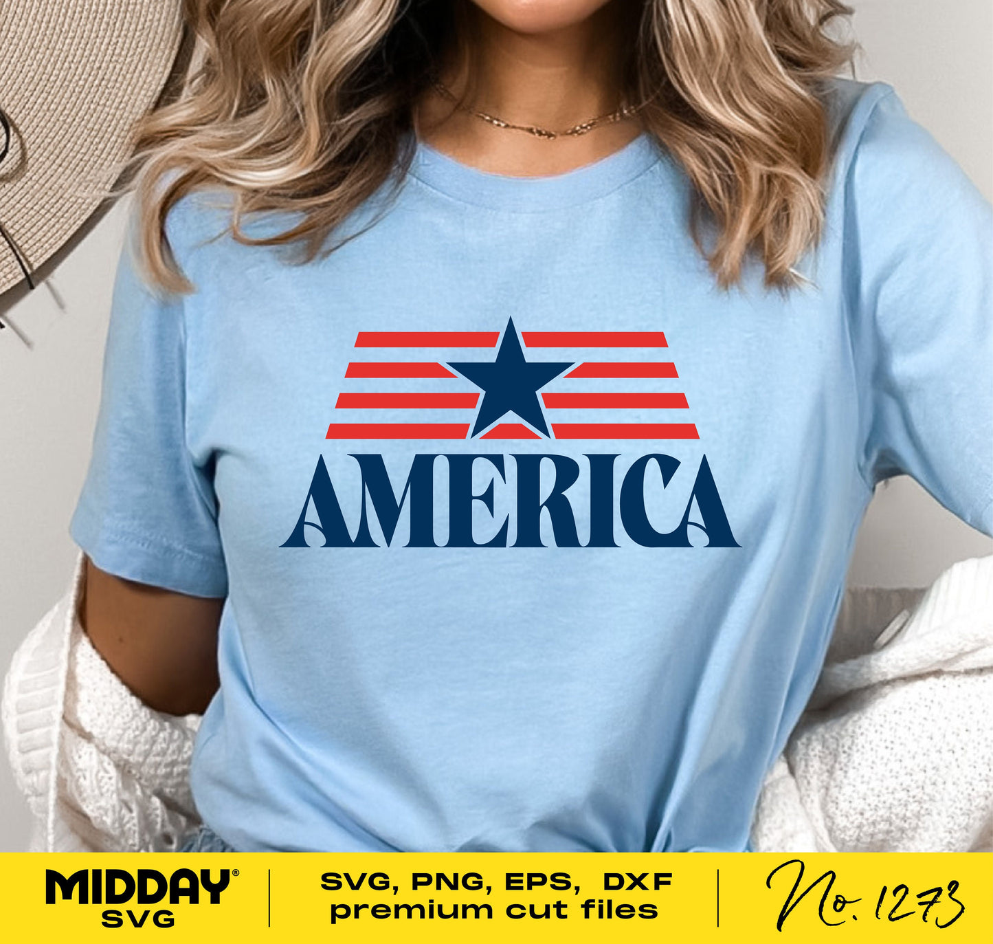 Blue shirt with 'America' and star design, available in SVG, PNG, EPS, DXF formats, ideal for 4th of July crafts, Cricut and Silhouette use.