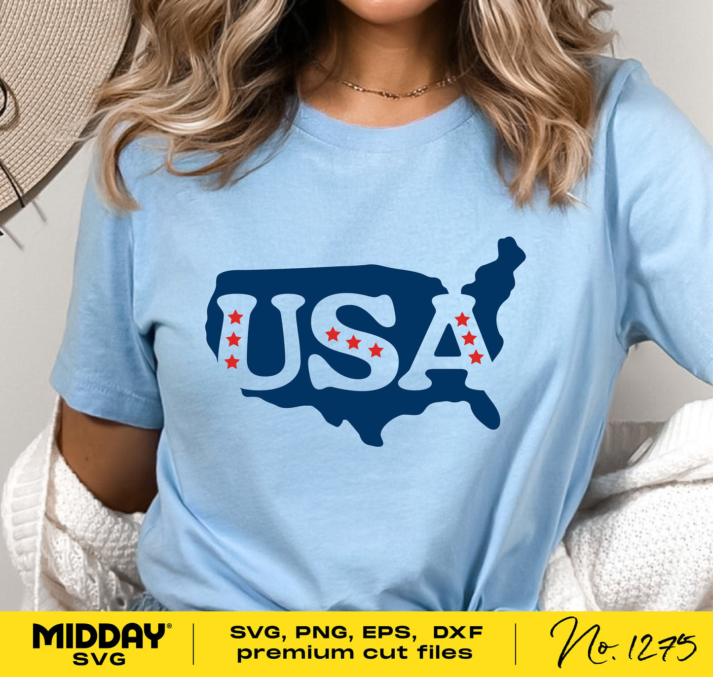 Woman wearing a light blue t-shirt with a USA map design, star details, promoting 4th of July SVG cut files, suitable for Cricut and Silhouette.