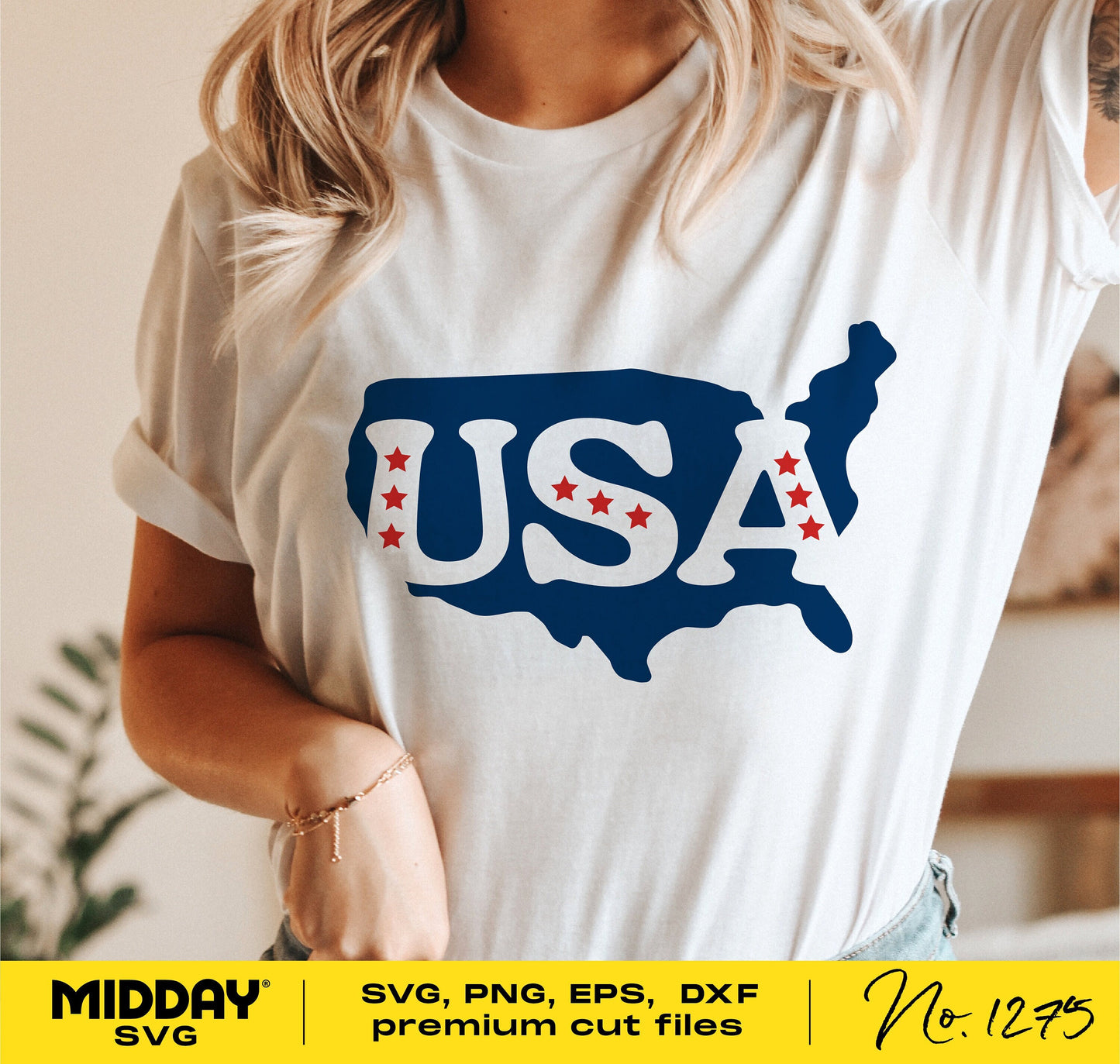 Woman wearing a t-shirt with USA map and stars design, suitable for 4th of July and patriotic occasions, available in SVG, PNG, and EPS formats.