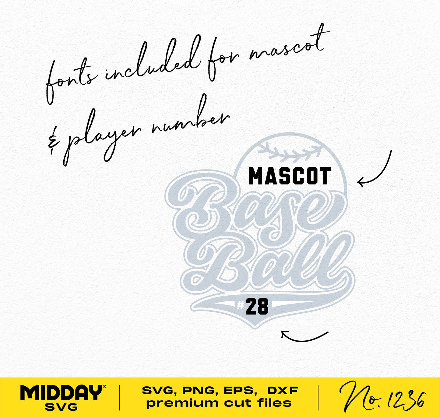 Baseball Team SVG design with mascot font and player number, includes SVG, PNG, EPS, and DXF files, perfect for Cricut projects.