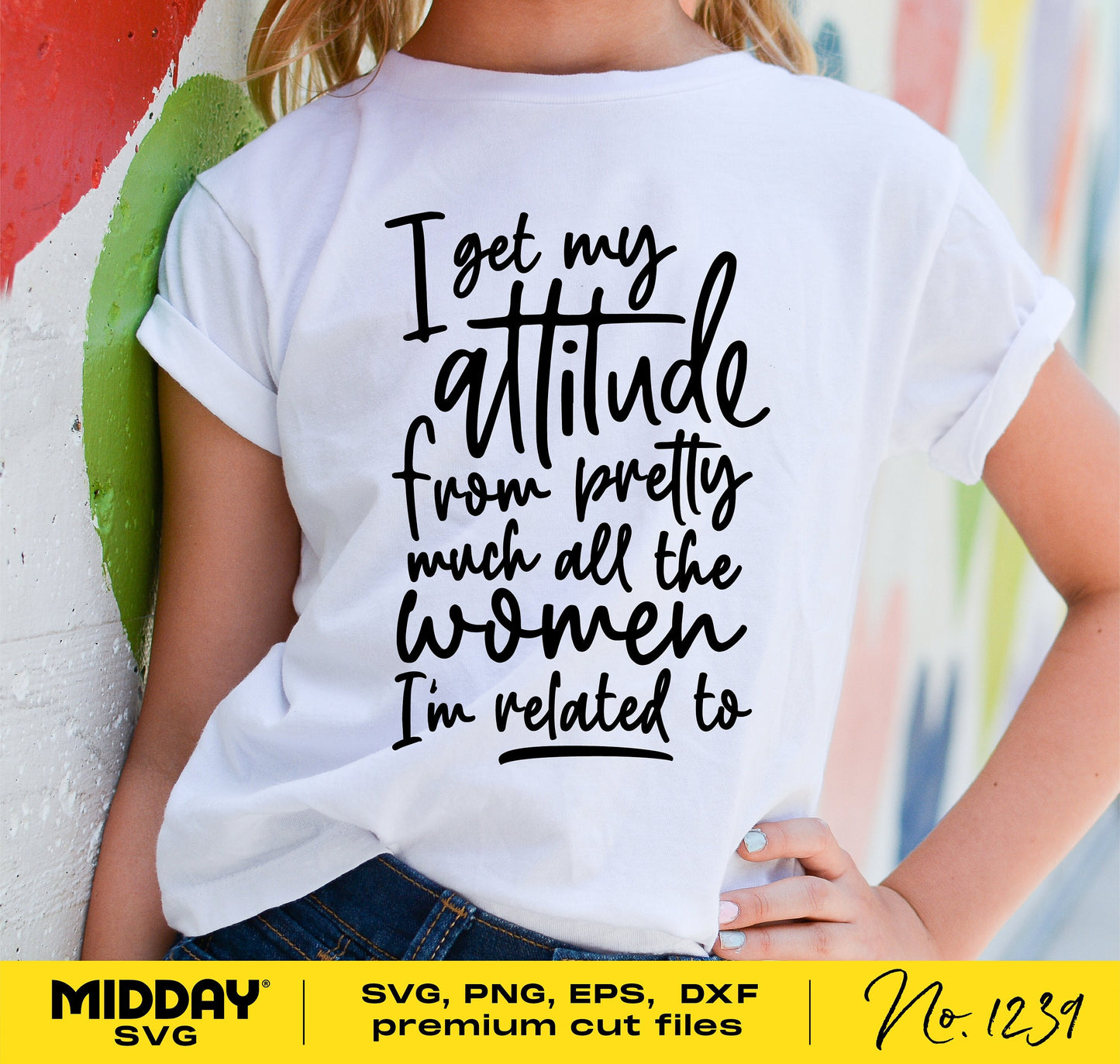 Cute toddler wearing a shirt with 'I get my attitude from pretty much all the women I'm related to' design, perfect for Cricut and Silhouette projects.