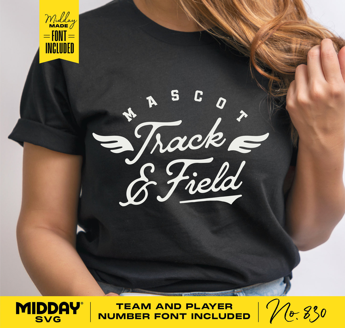Woman wearing black t-shirt with 'Mascot Track & Field' design, featuring customizable team and player fonts, perfect for Cricut projects.