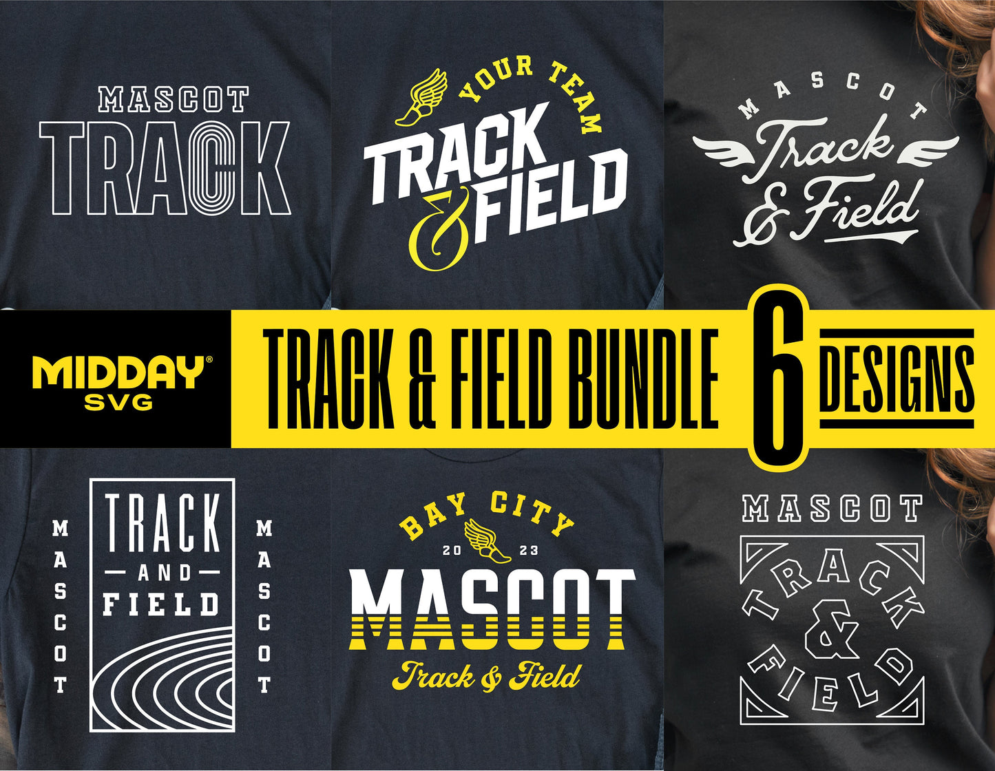 Track and Field Bundle with 6 SVG designs for team shirts, featuring bold track and field typography and graphics.