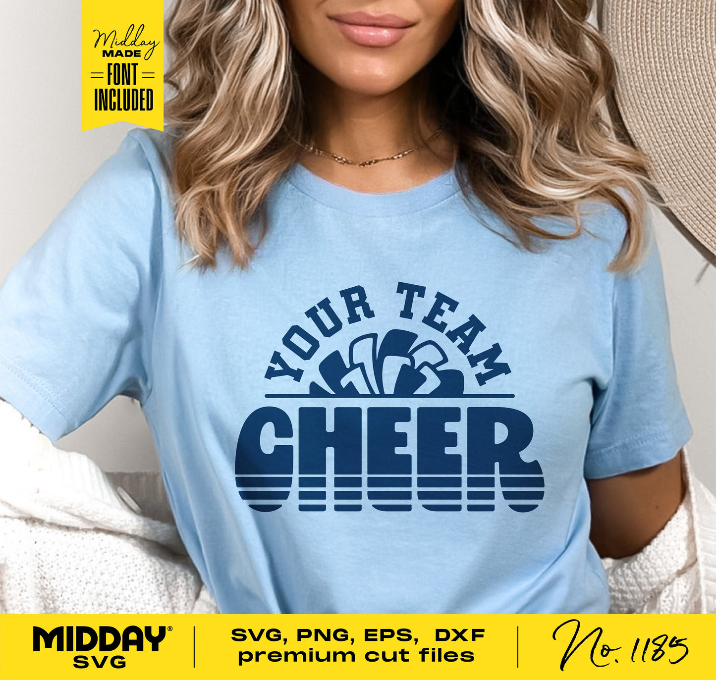 Model wearing blue t-shirt with 'Your Team Cheer' text, available in SVG, PNG, EPS, DXF formats for Cricut and Silhouette.