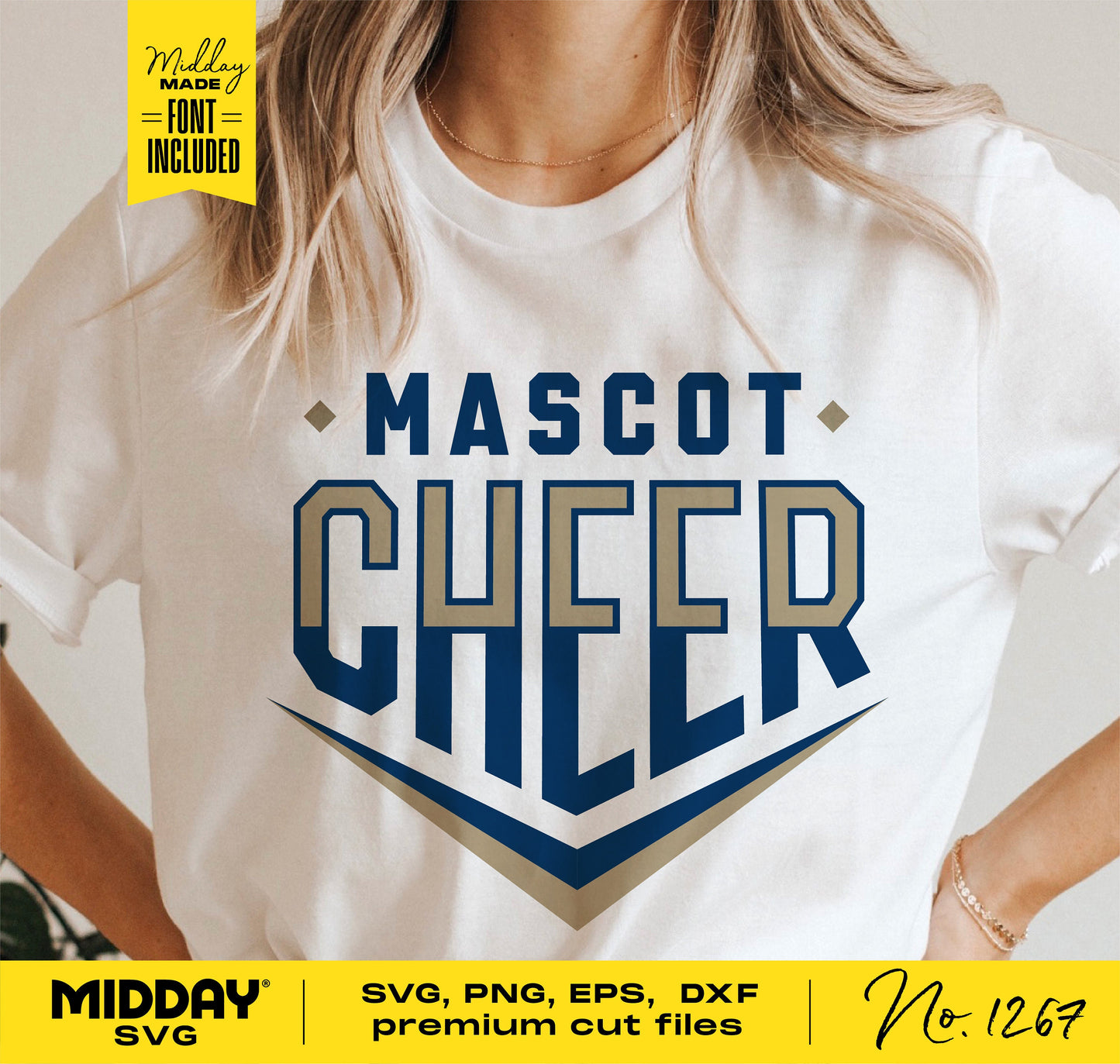 Person wearing white t-shirt with 'Mascot Cheer' print, featuring Cricut cut files for cheerleader designs in SVG, PNG, DXF, EPS formats.