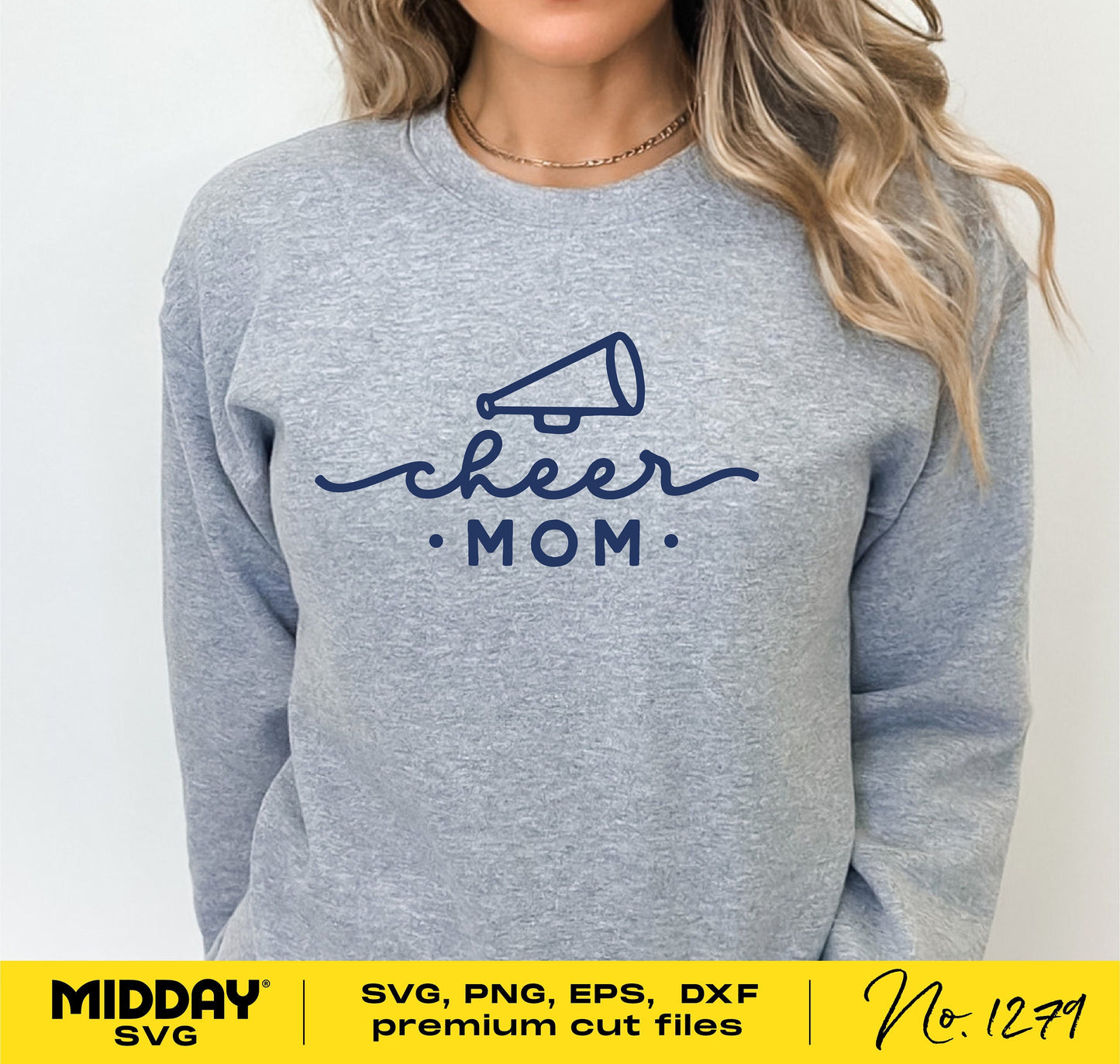 Grey sweatshirt with Cheer Mom design featuring a cheer cone. Available in SVG, PNG, EPS, DXF formats for Cricut and sublimation.
