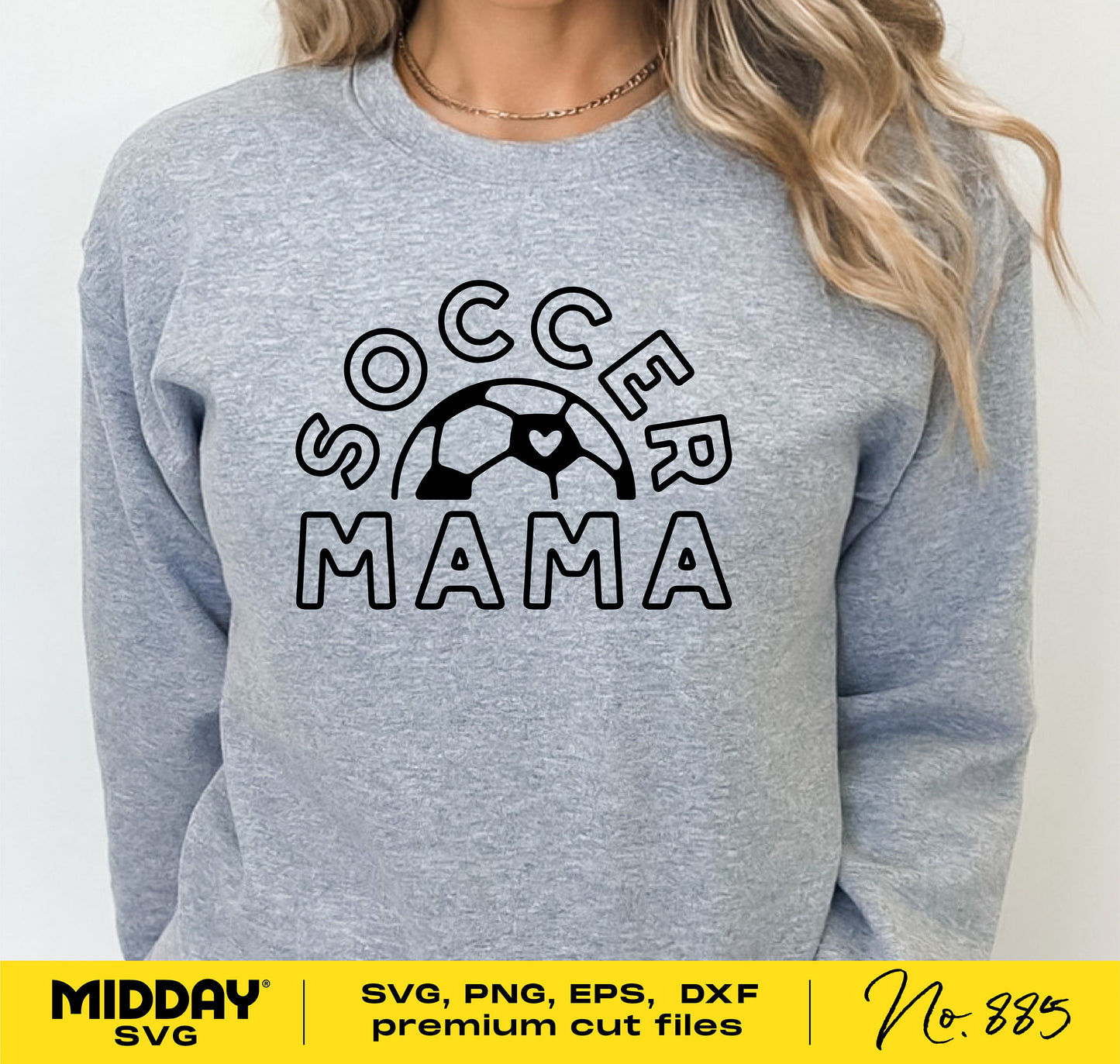 Women's grey sweatshirt with 'Soccer Mama' SVG design featuring a soccer ball for crafting, Cricut projects, and sublimation.