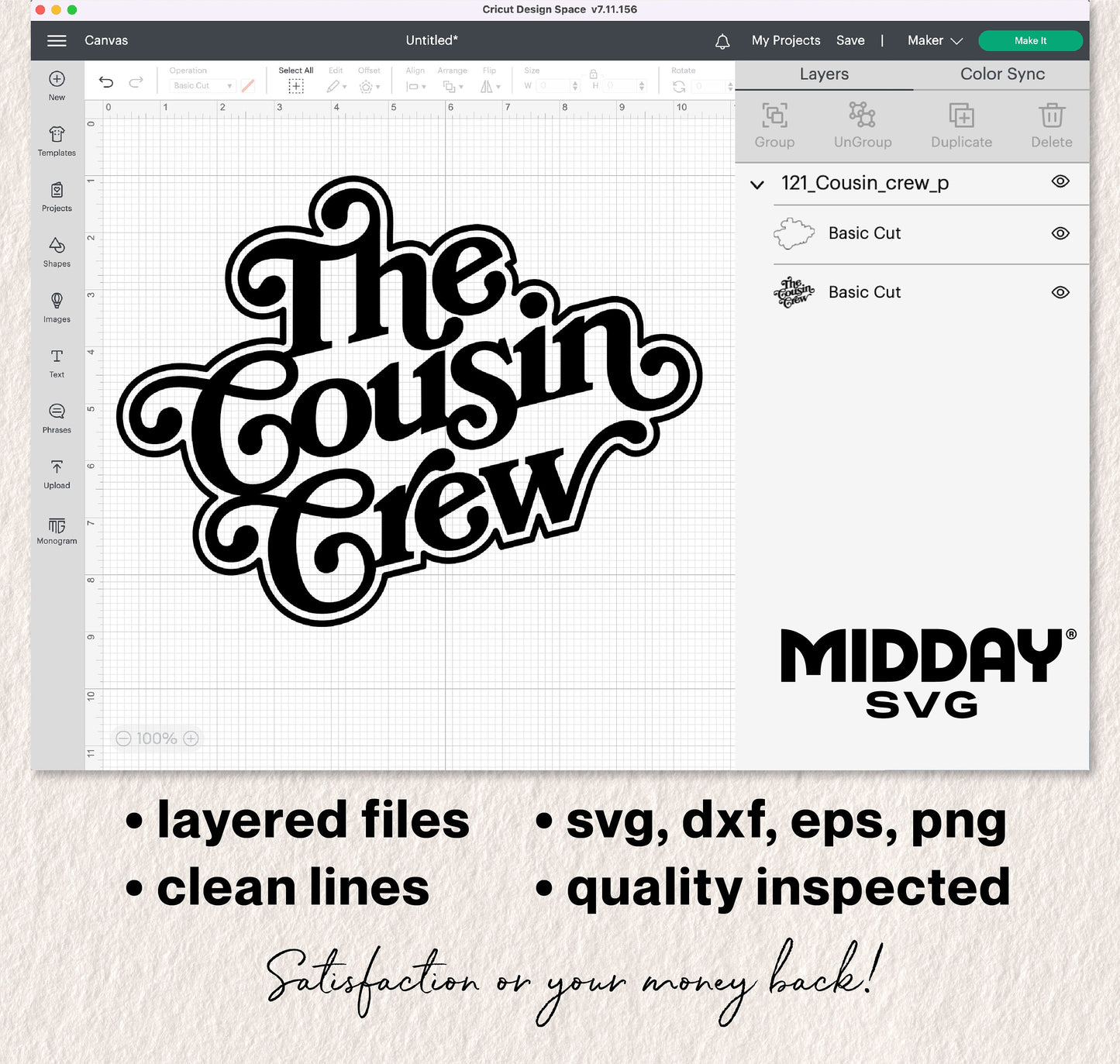 Cousin Crew SVG design displayed in Cricut Design Space, featuring clean, layered files in SVG, DXF, EPS, PNG formats by Midday SVG.