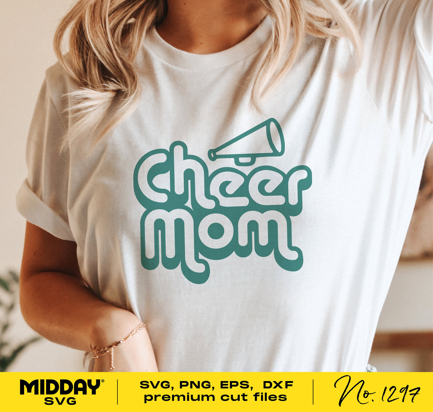 Retro Cheer Mom shirt design with megaphone graphic, available in SVG, PNG, EPS, DXF formats for Cricut and Silhouette.