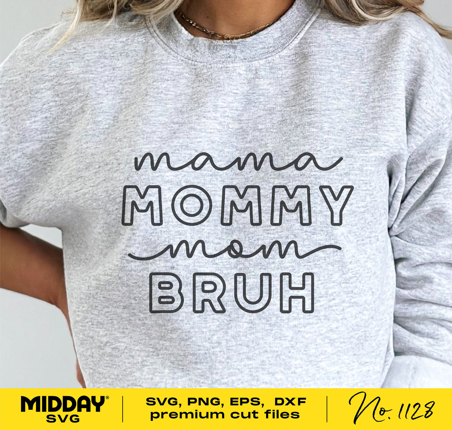 Gray sweatshirt featuring text design 'Mama, Mommy, Mom, Bruh', suitable for Cricut and Glowforge projects.