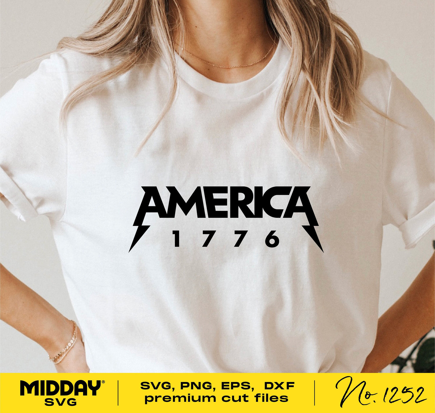 White t-shirt with America 1776 design, suitable for Cricut and Silhouette, featuring patriotic SVG cut files for July 4th or Memorial Day.