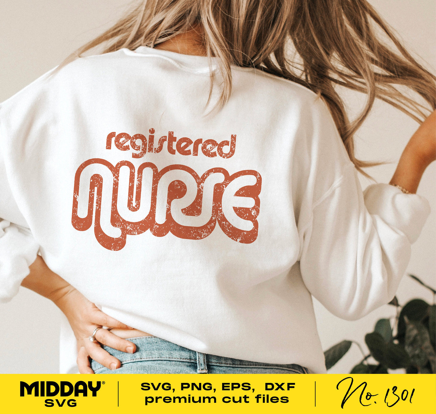 Woman wearing shirt with 'Registered Nurse' design, ideal for SVG, PNG, EPS, DXF formats for Cricut and sublimation projects.