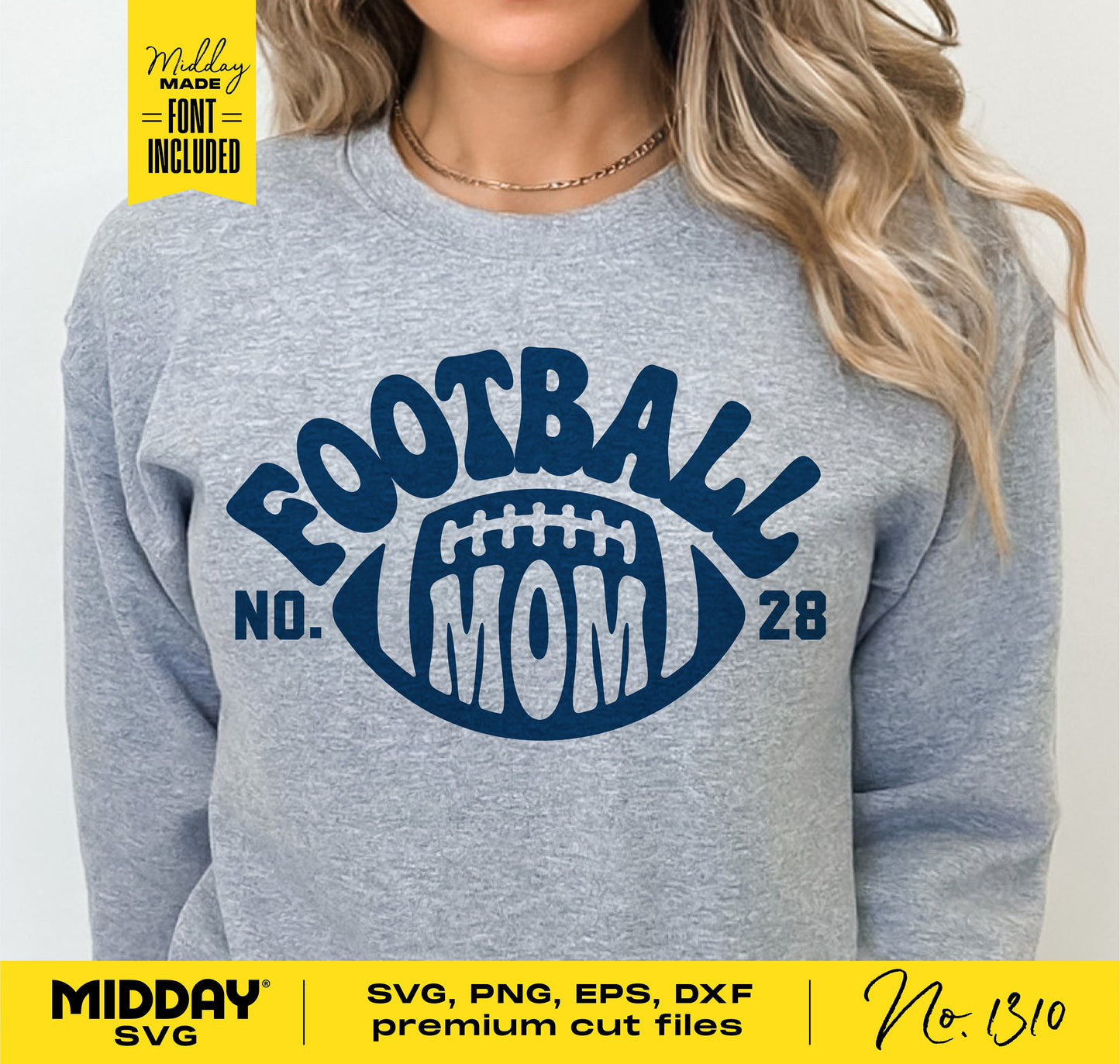 Football Mom SVG graphic on a gray sweatshirt, featuring text and a football design. Includes SVG, PNG, EPS, DXF cut files by Midday SVG.