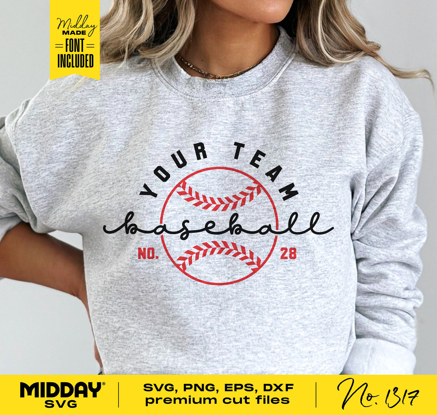 Woman wearing gray sweatshirt with customizable baseball stitches design, including team name and number, for DIY Cricut projects.