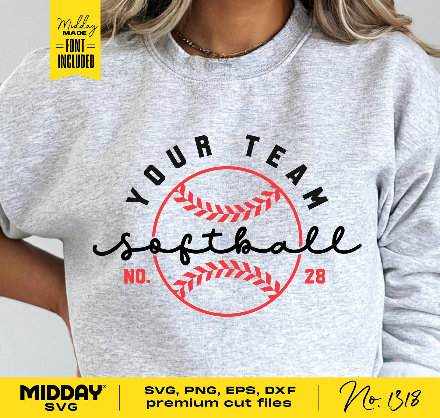 Gray sweatshirt with customizable softball team logo SVG design, includes font, easy to use for Cricut and sublimation projects.
