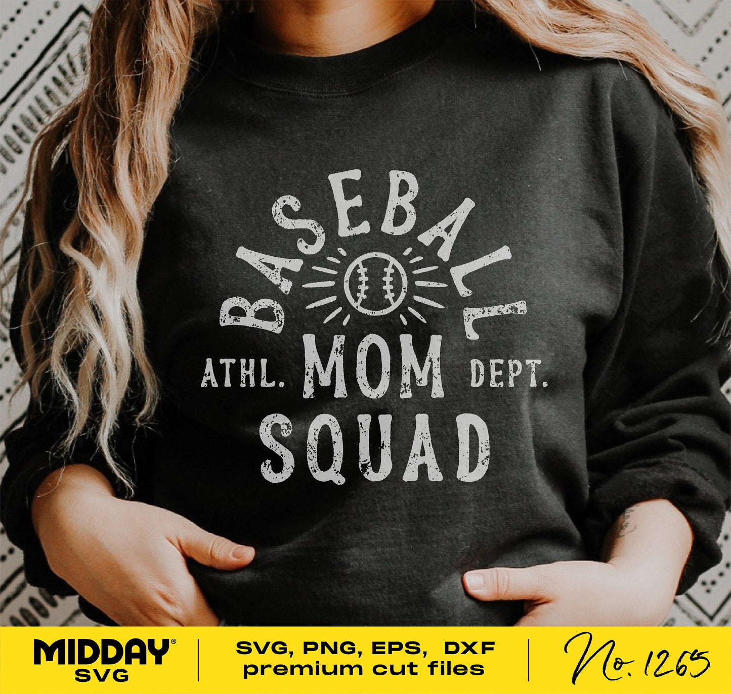 Black sweatshirt with 'Baseball Mom Squad' design, ideal for Cricut and sublimation projects, available in SVG, PNG, DXF formats.