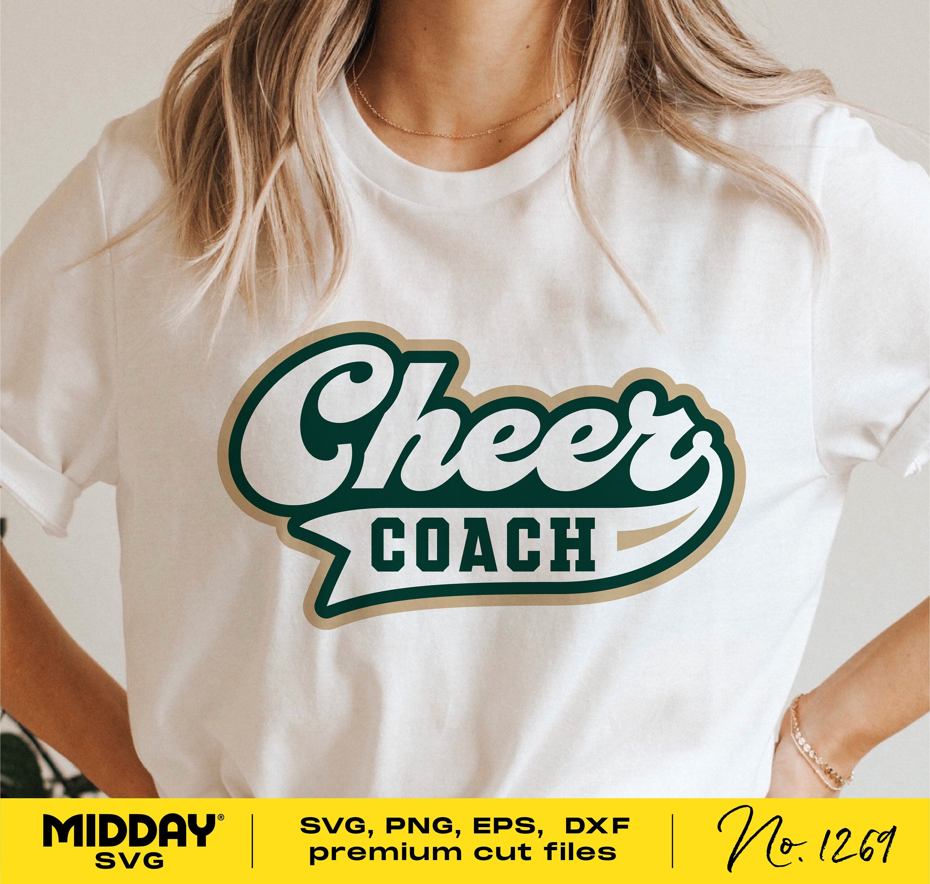 White t-shirt with 'Cheer Coach' design in green, tailored for Cricut, Silhouette, and sublimation projects. Perfect for DIY enthusiasts.