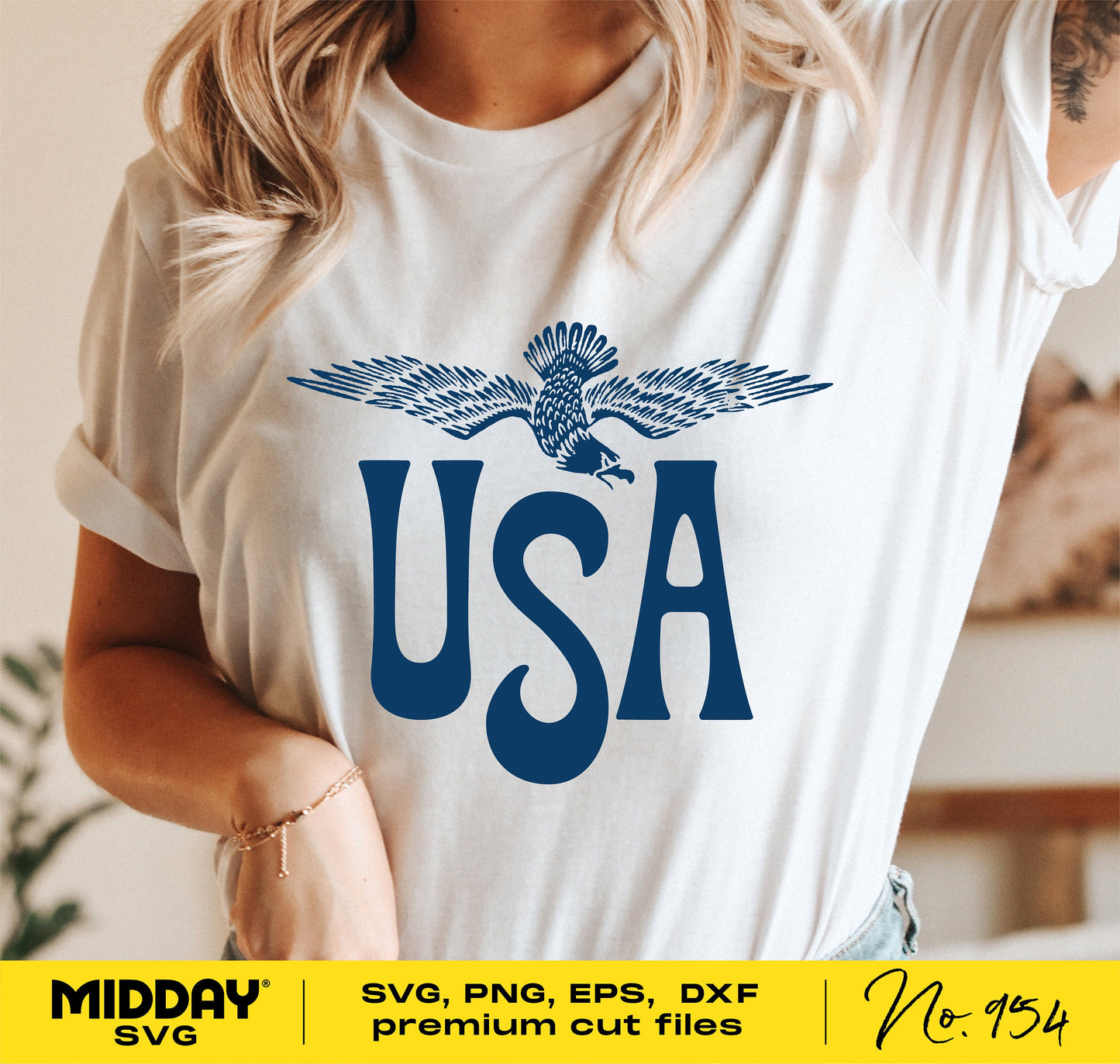 Woman wearing t-shirt with USA eagle design from 4th of July Patriotic Bundle, available in SVG, PNG, EPS, DXF formats.