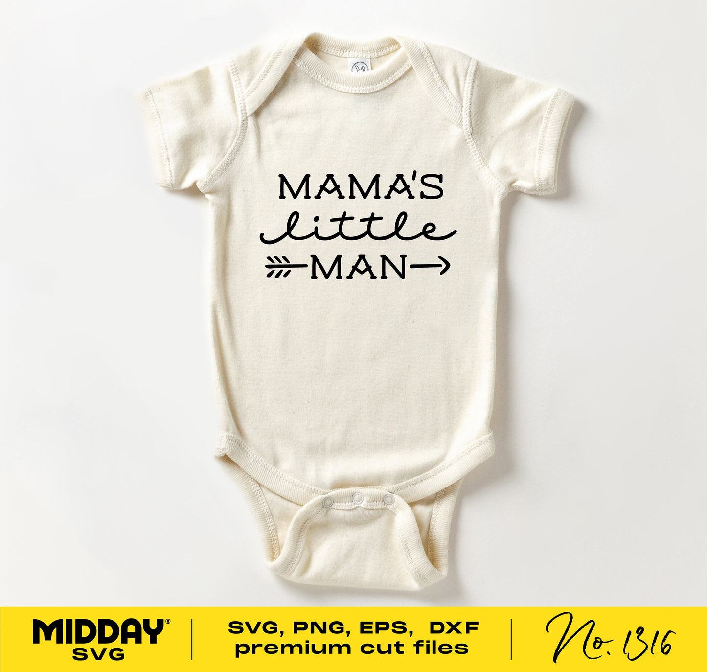 Onesie with 'Mama's Little Man' text design, ideal for baby shower gifts and crafting projects using SVG, PNG, EPS, DXF files.