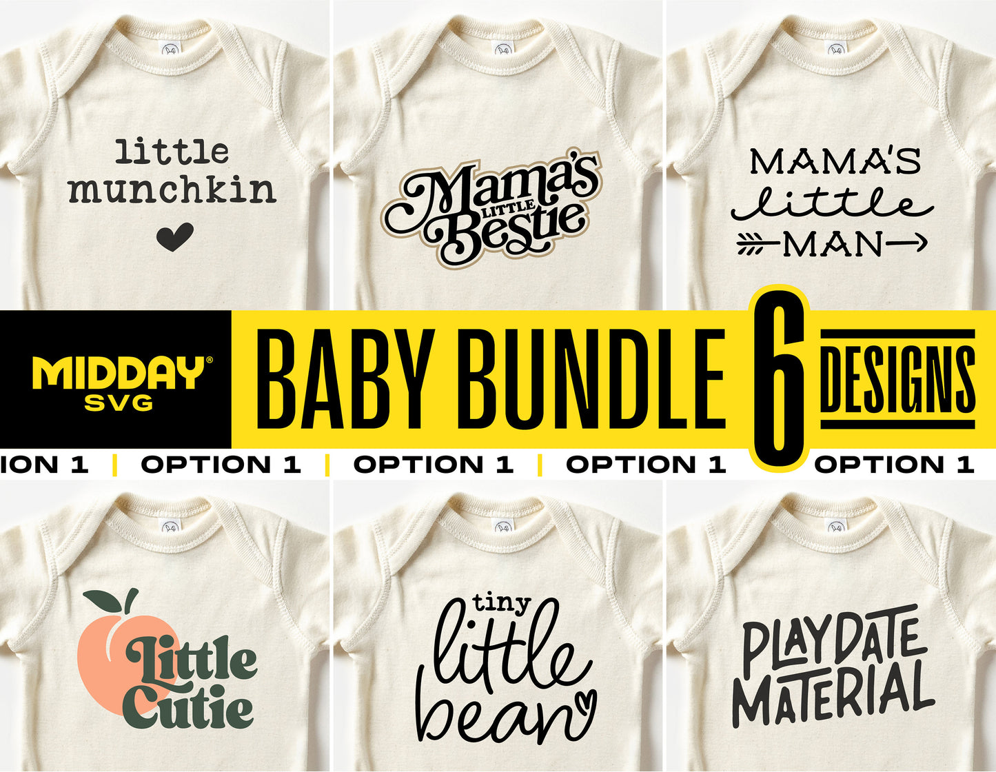 Baby shirt SVG designs with phrases like 'Little Munchkin' and 'Mama's Little Man' from a 6-piece baby SVG bundle for Cricut.