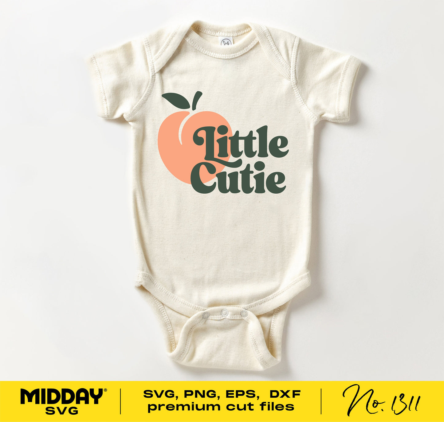Cream baby onesie with "Little Cutie" text and peach graphic, available in SVG, PNG, EPS, DXF formats for Cricut and Silhouette.