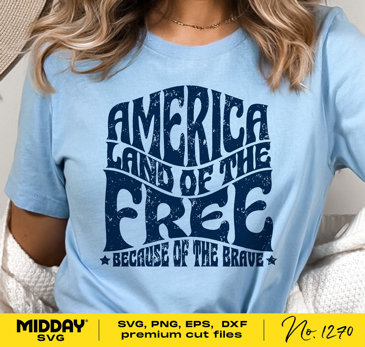 "America Land of the Free" patriotic t-shirt design in blue, available as SVG, PNG, EPS, DXF cut files suitable for Cricut and Silhouette.