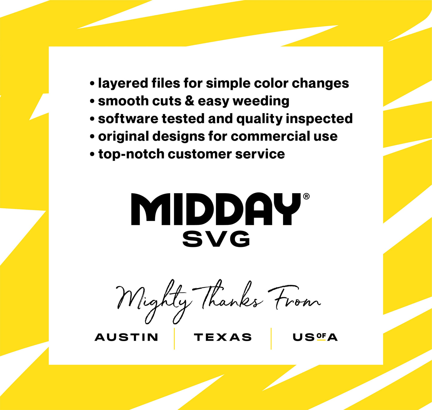 Midday SVG promotional graphic highlighting features like easy weeding, commercial use designs, and top customer service, with Austin origin.