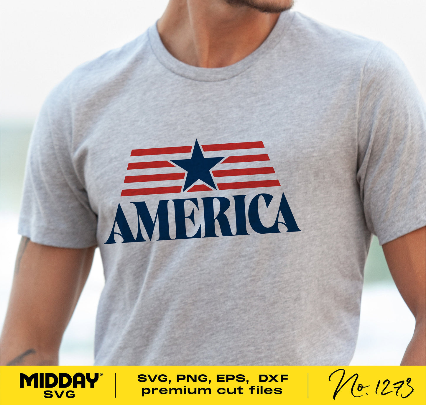 Person wearing a gray t-shirt with America design featuring a star and stripes; suitable for 4th of July and patriotic occasions in SVG format.