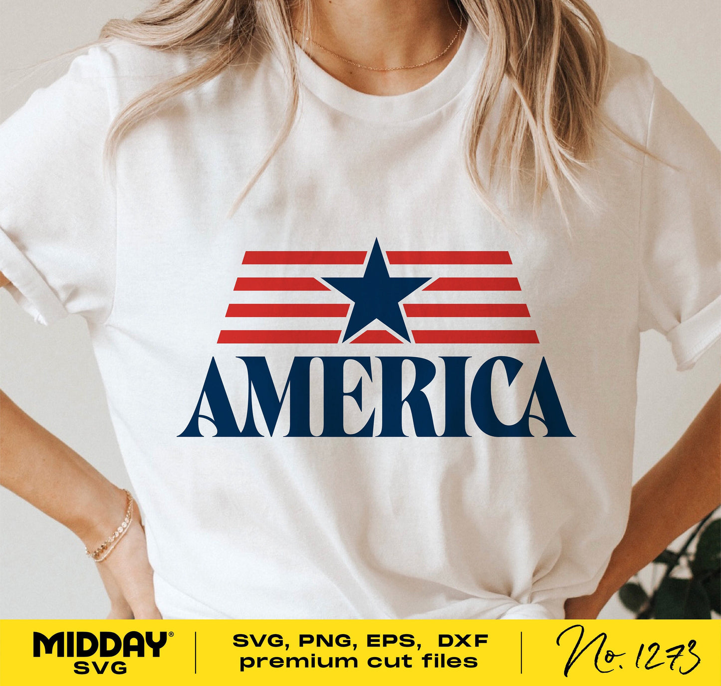 Woman wearing a 4th of July shirt with 'America' design, featuring a star and stripes, available in SVG, PNG, EPS, DXF formats for Cricut.