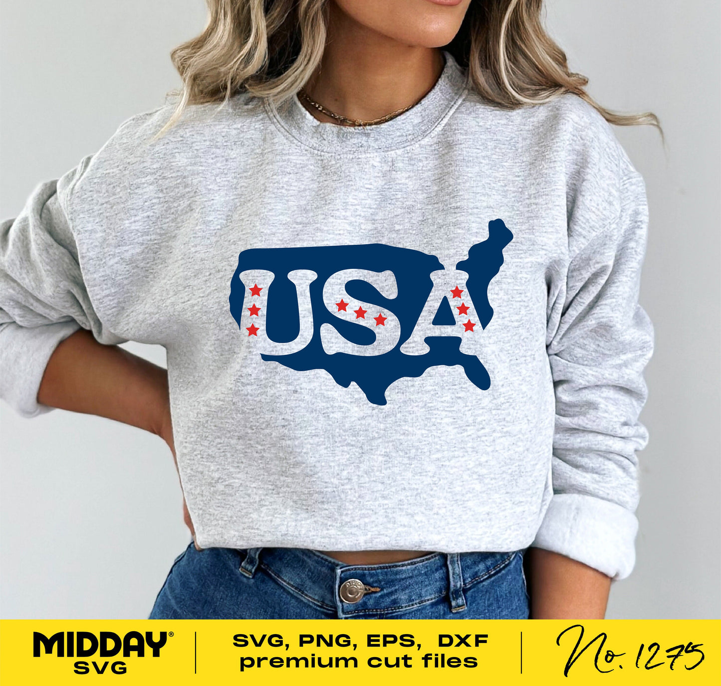 Person wearing a gray sweatshirt featuring a USA map graphic, ideal for 4th of July and patriotic design projects. SVG, PNG, EPS, DXF files included.