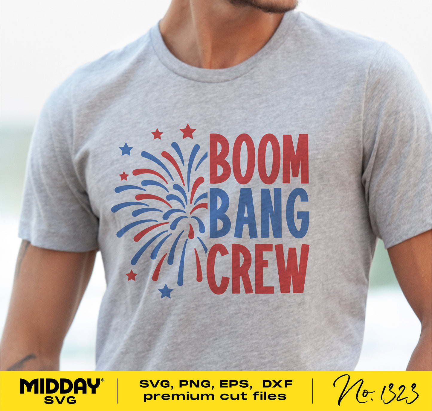 Gray t-shirt with Boom Bang Crew fireworks design, perfect for 4th of July family celebrations and suitable for Cricut projects.
