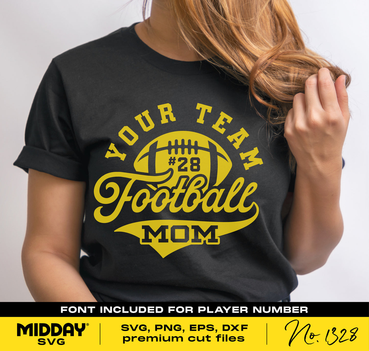 Black t-shirt featuring custom 'Your Team Football Mom' design with player number option available, ideal for Cricut and crafting.
